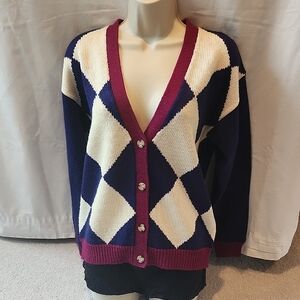 V-Neck Argyle Button Cardigan - Violet-blue, White & Magenta